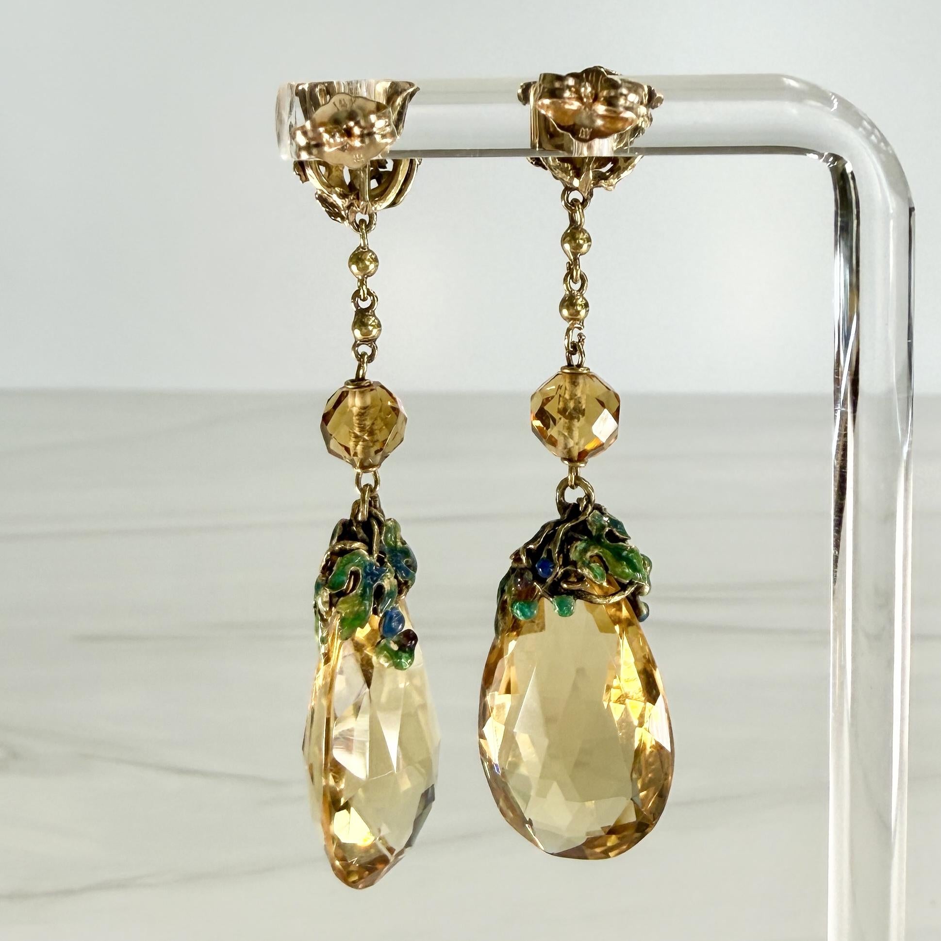 1940's Pear Cut Citrine Briolette and Enamel Drop Earrings 18k/14k Yellow Gold