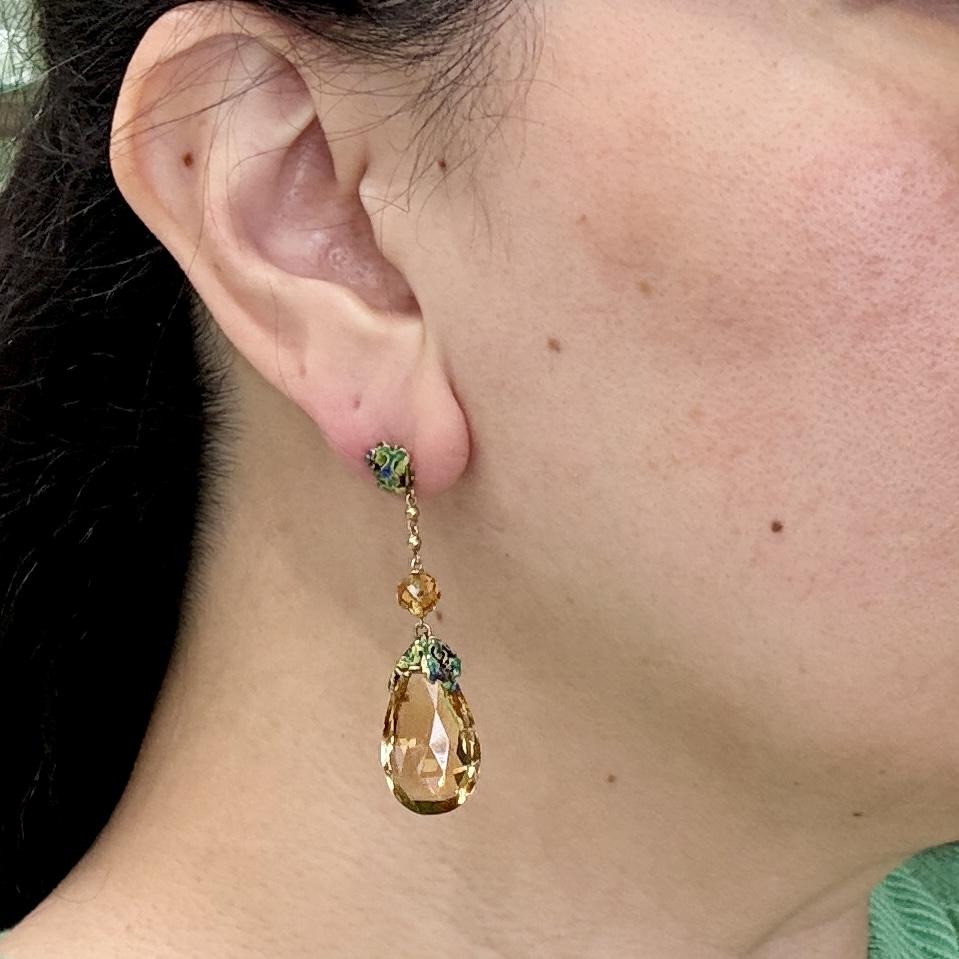 1940's Pear Cut Citrine Briolette and Enamel Drop Earrings 18k/14k Yellow Gold