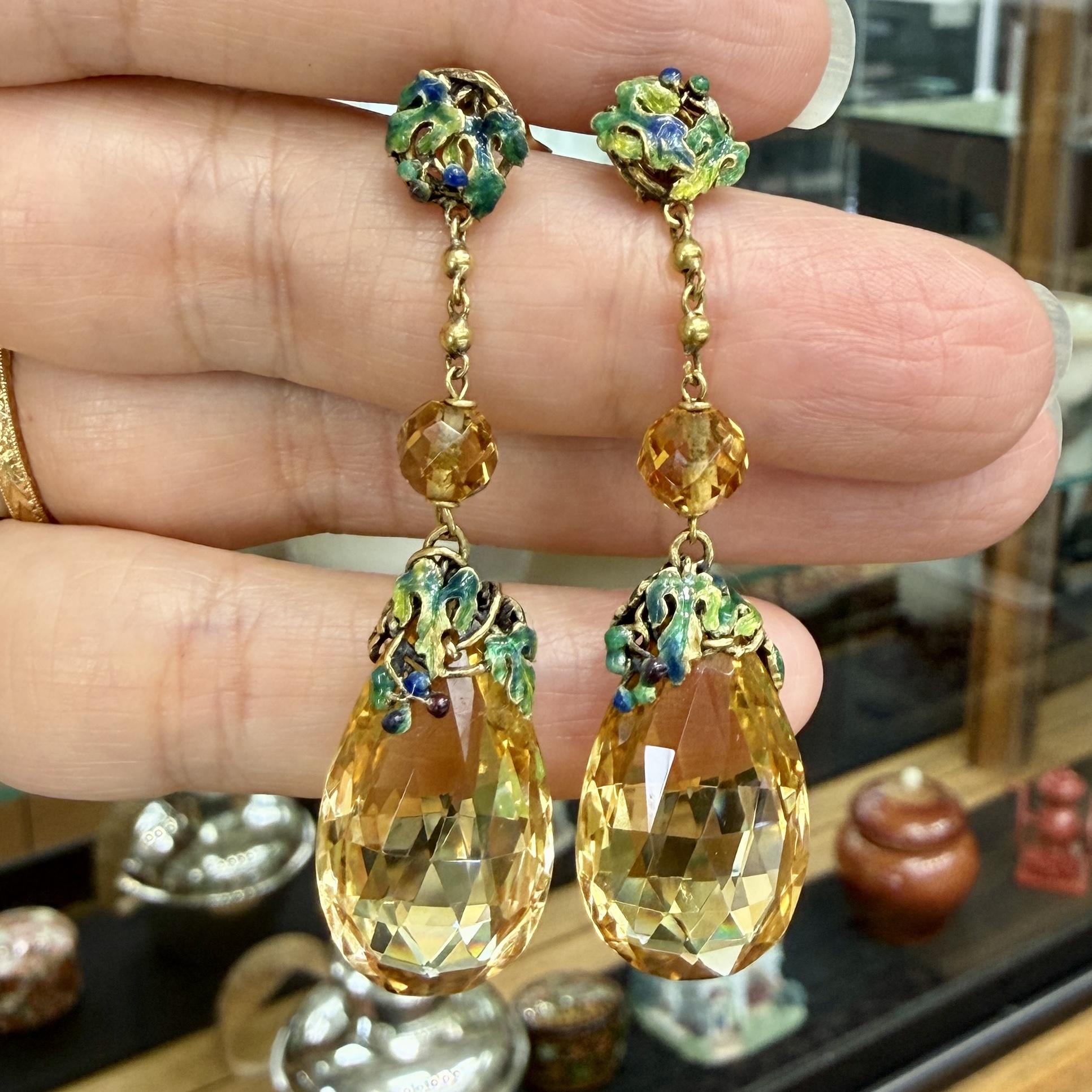1940's Pear Cut Citrine Briolette and Enamel Drop Earrings 18k/14k Yellow Gold
