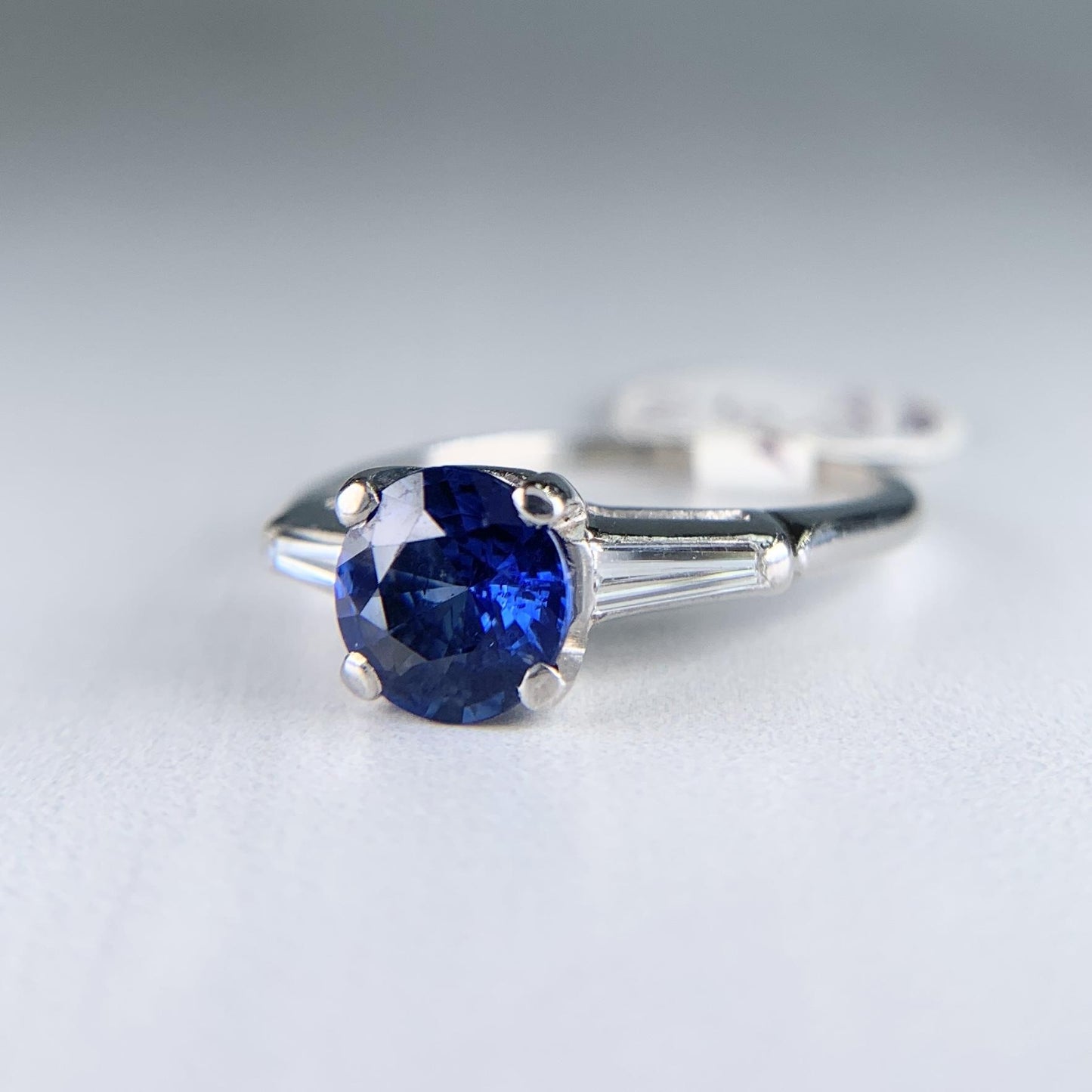 Vintage 1950's Sapphire and Tapered Baguette Diamond Ring Platinum