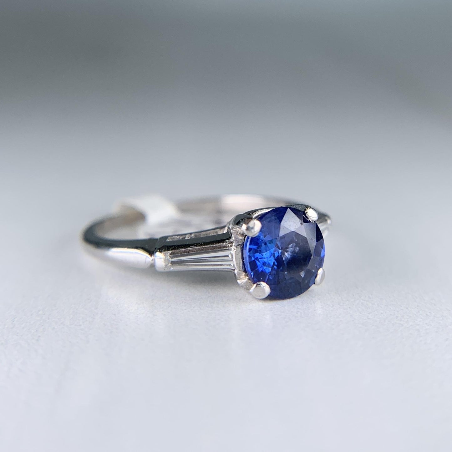 Vintage 1950's Sapphire and Tapered Baguette Diamond Ring Platinum