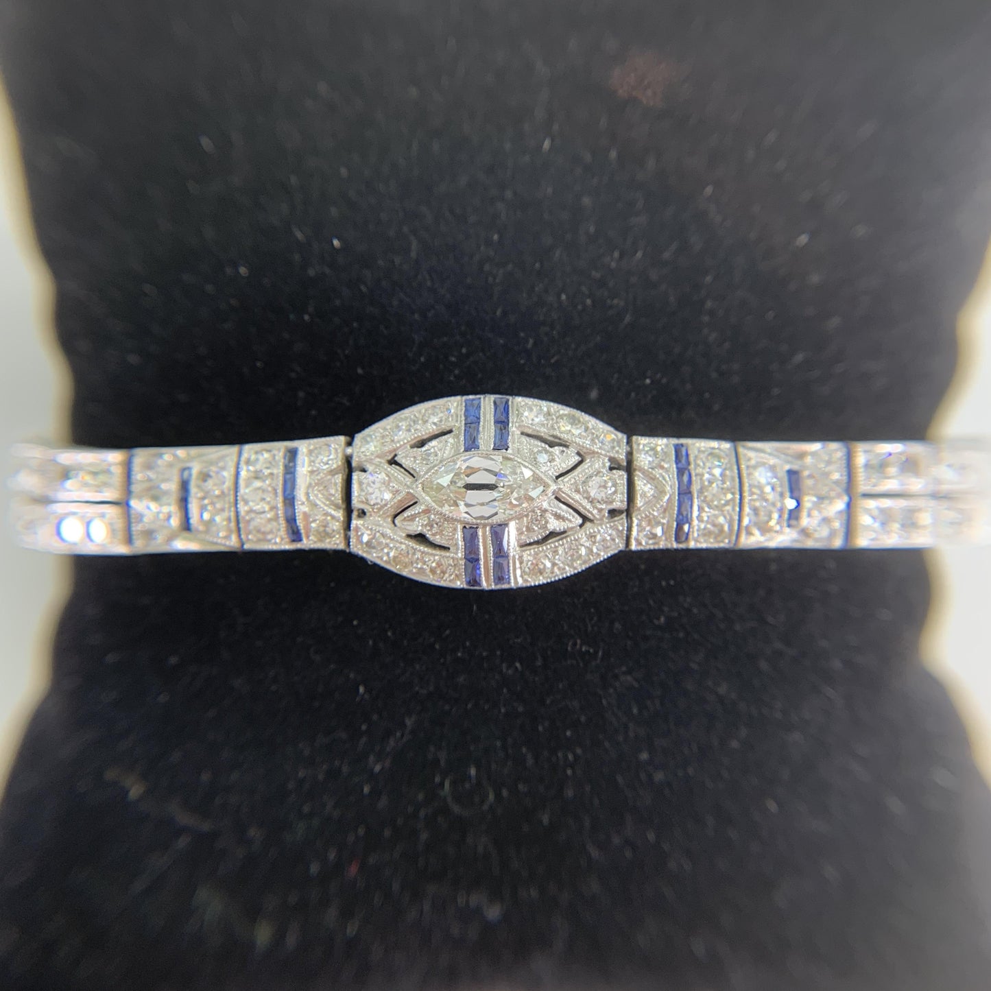 Antique 1925 Art Deco Sapphire and Old Cut Diamond Bracelet Platinum