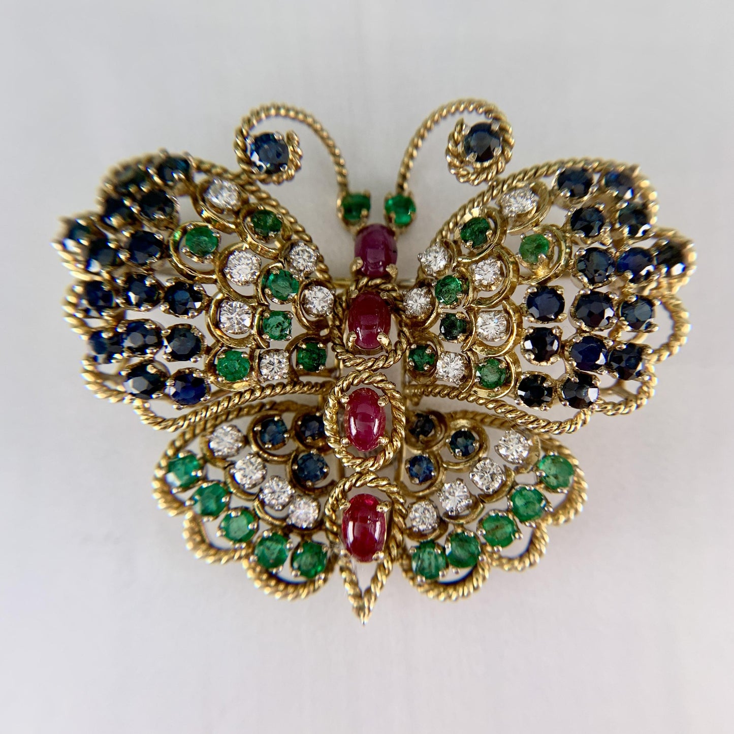 Vintage 1960's Diamond Emerald and Ruby Butterfly Brooch 14k Yellow Gold