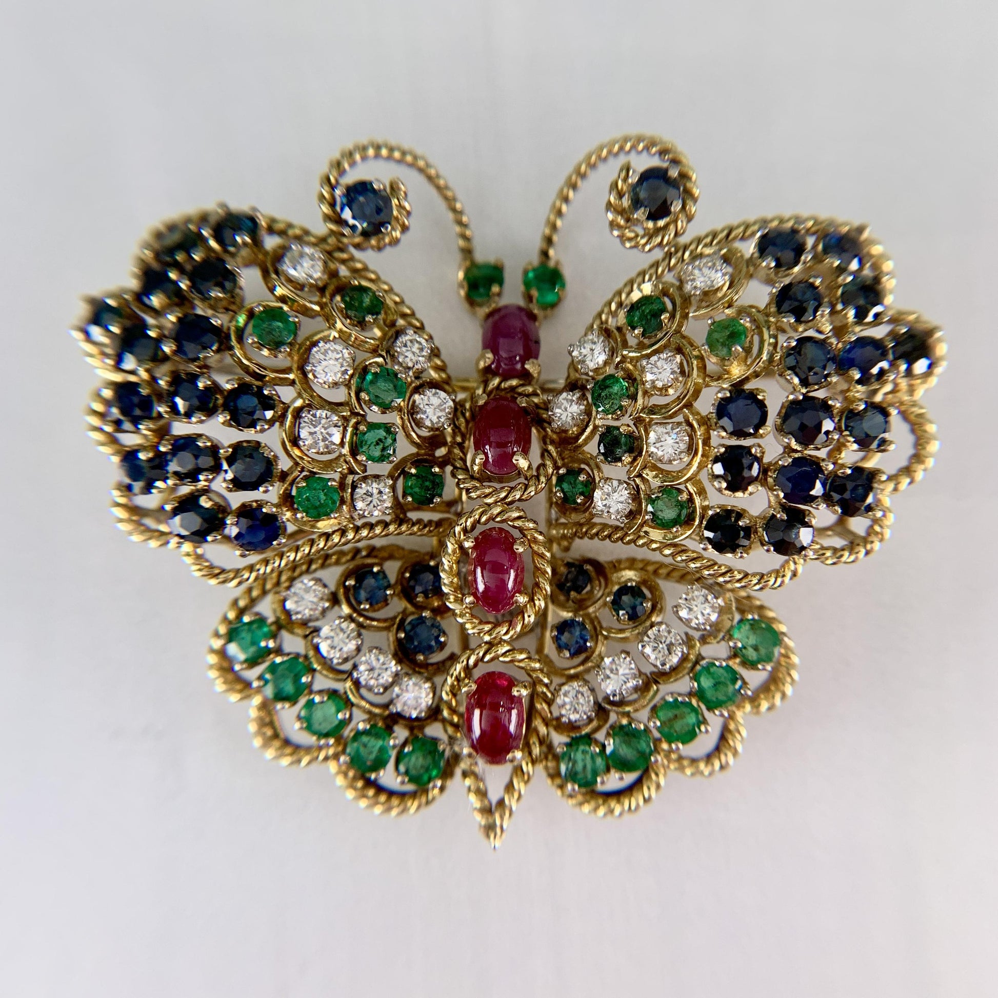 Vintage 1960's Diamond Emerald and Ruby Butterfly Brooch 14k Yellow Gold