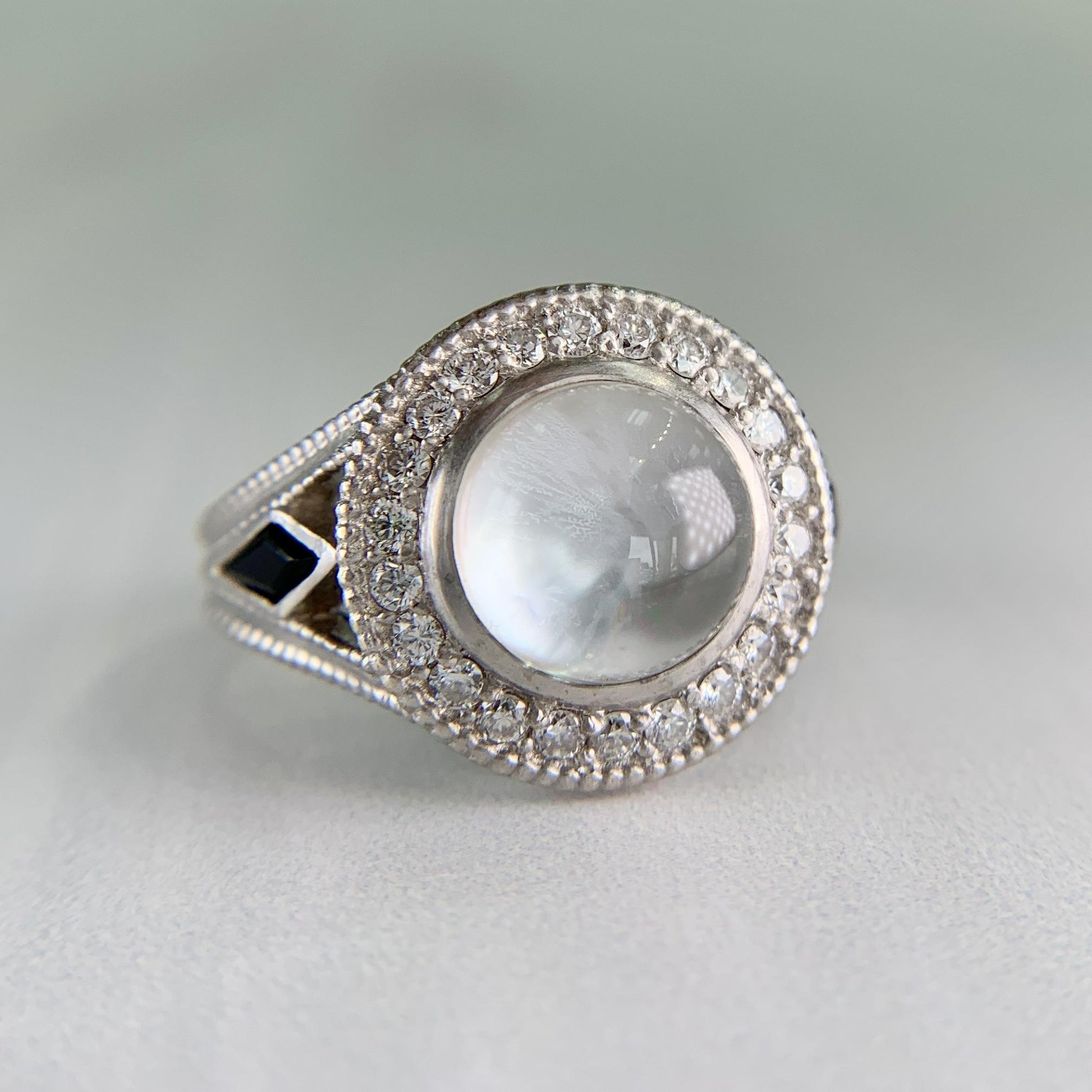 White Topaz Cabochon and Sapphire Diamond Ring 18k White Gold