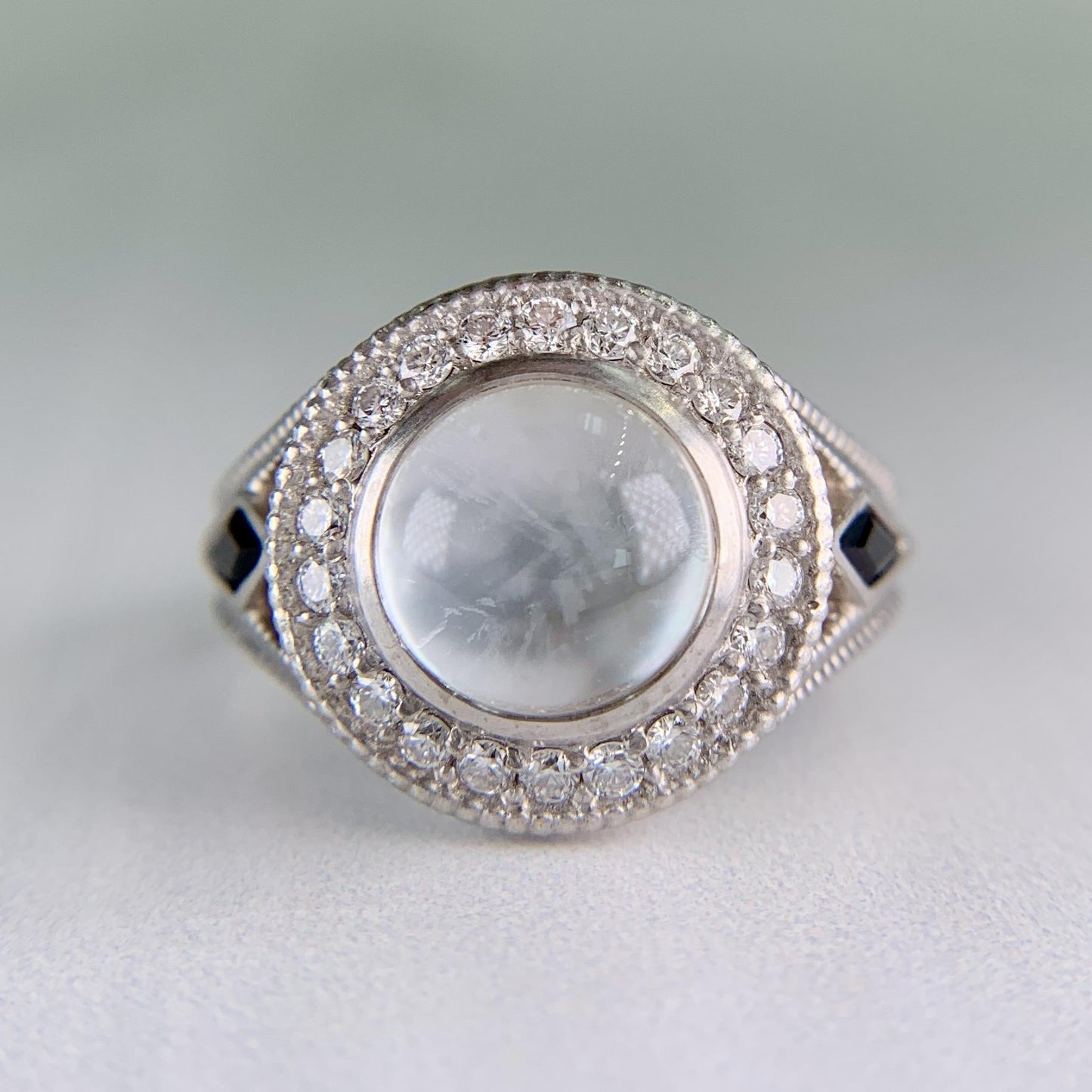 White Topaz Cabochon and Sapphire Diamond Ring 18k White Gold