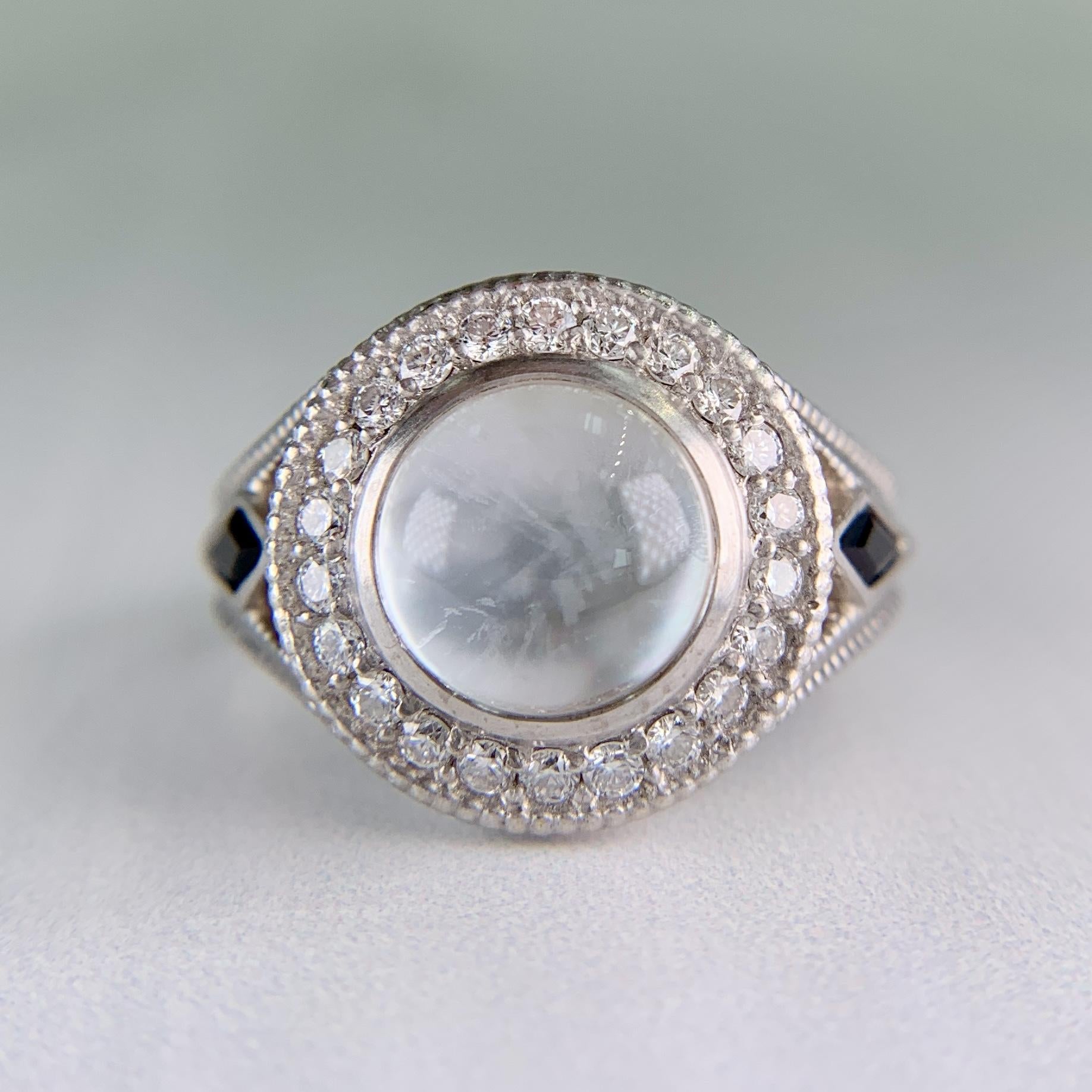 White Topaz Cabochon and Sapphire Diamond Ring 18k White Gold