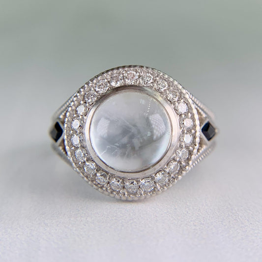 White Topaz Cabochon and Sapphire Diamond Ring 18k White Gold