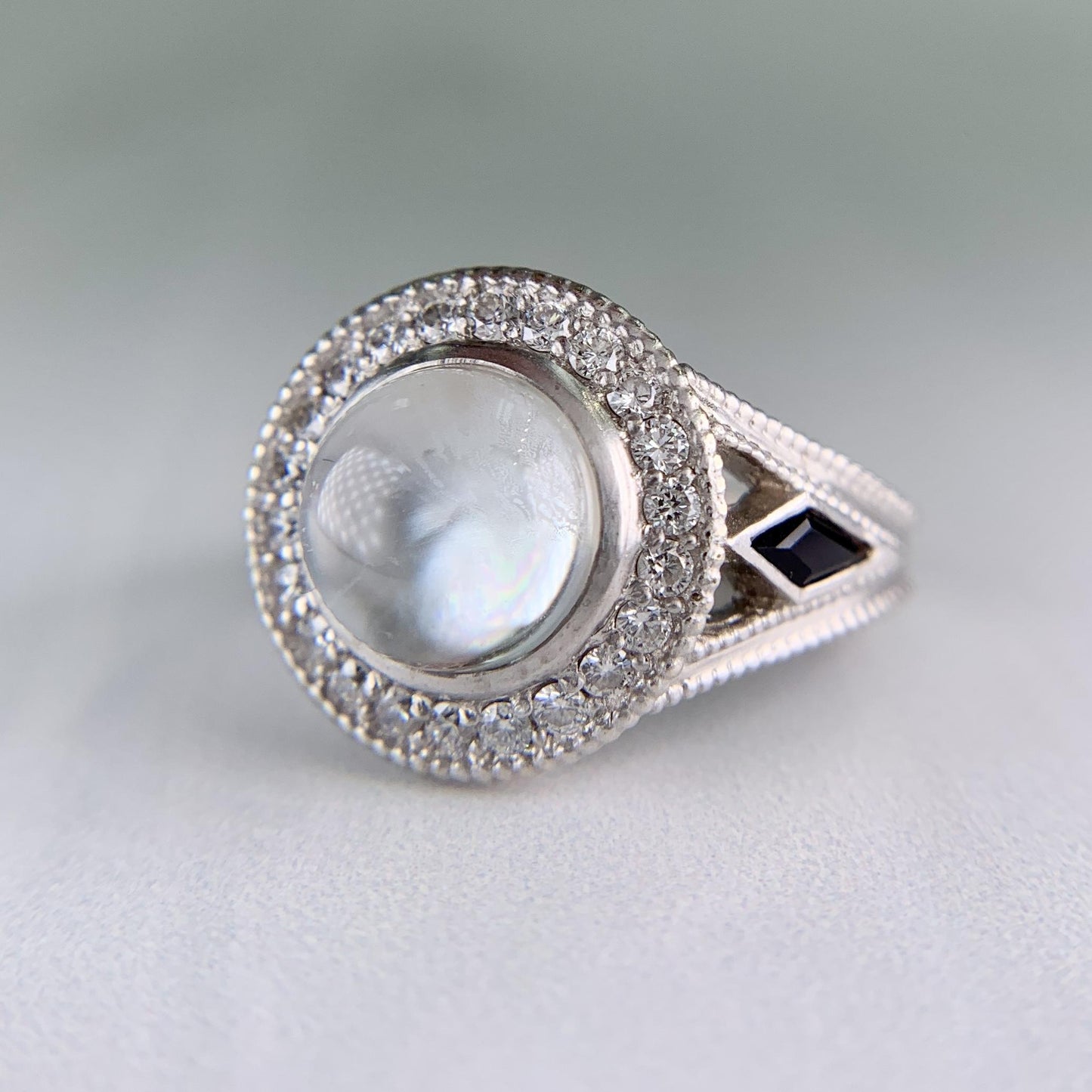 White Topaz Cabochon and Sapphire Diamond Ring 18k White Gold