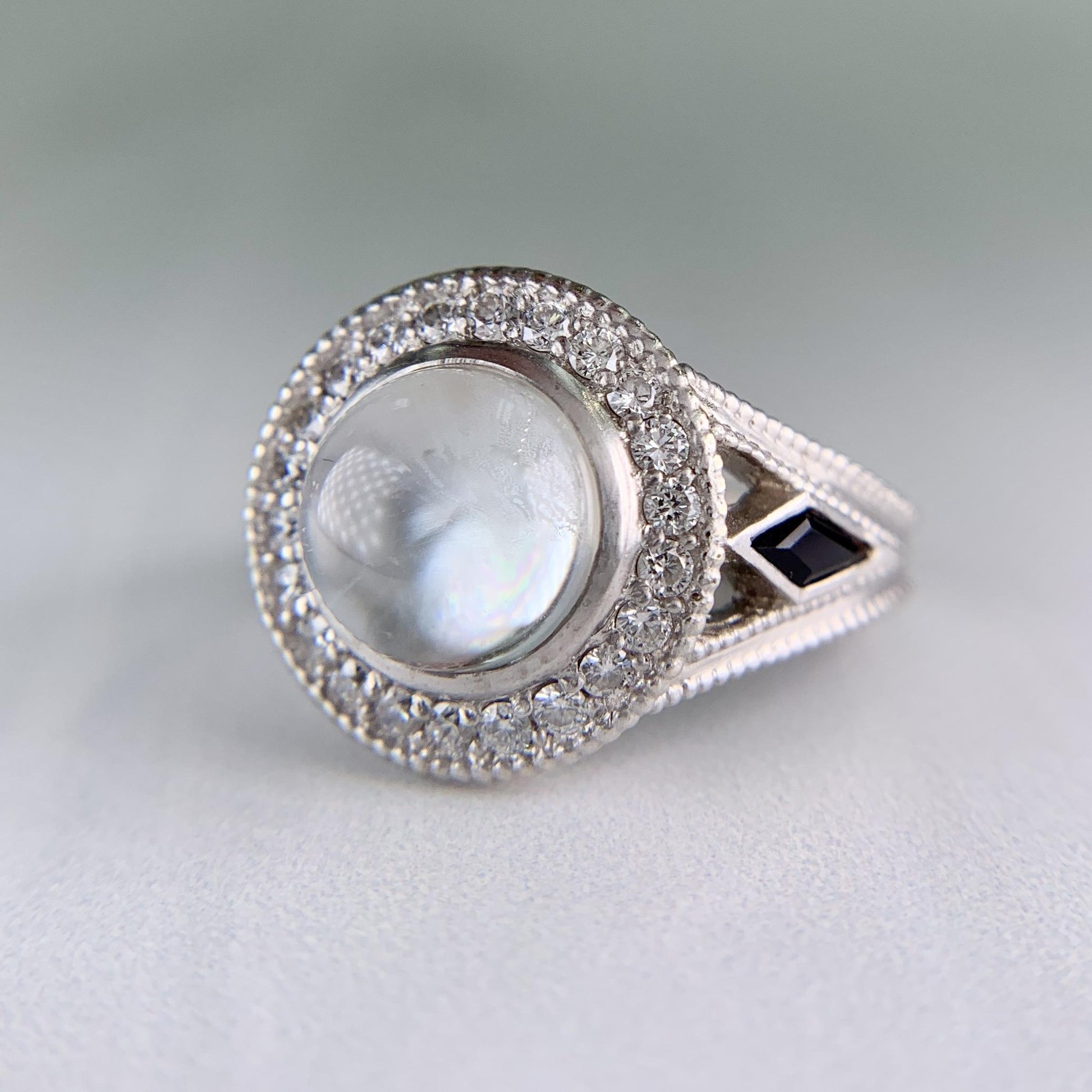 White Topaz Cabochon and Sapphire Diamond Ring 18k White Gold