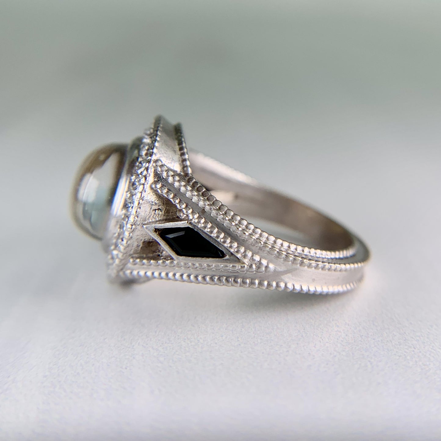 White Topaz Cabochon and Sapphire Diamond Ring 18k White Gold
