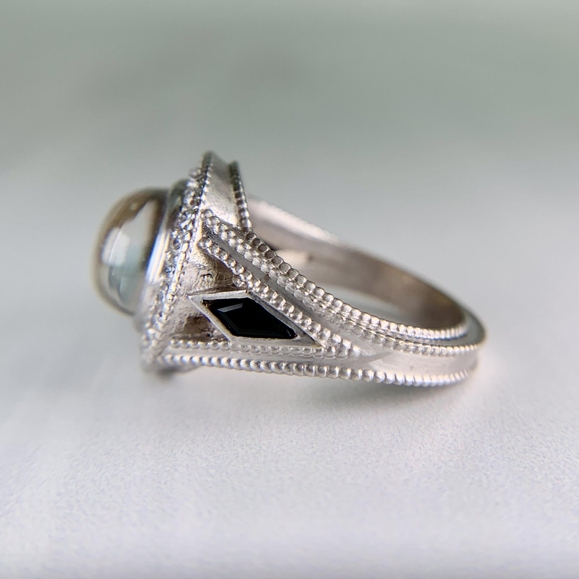 White Topaz Cabochon and Sapphire Diamond Ring 18k White Gold