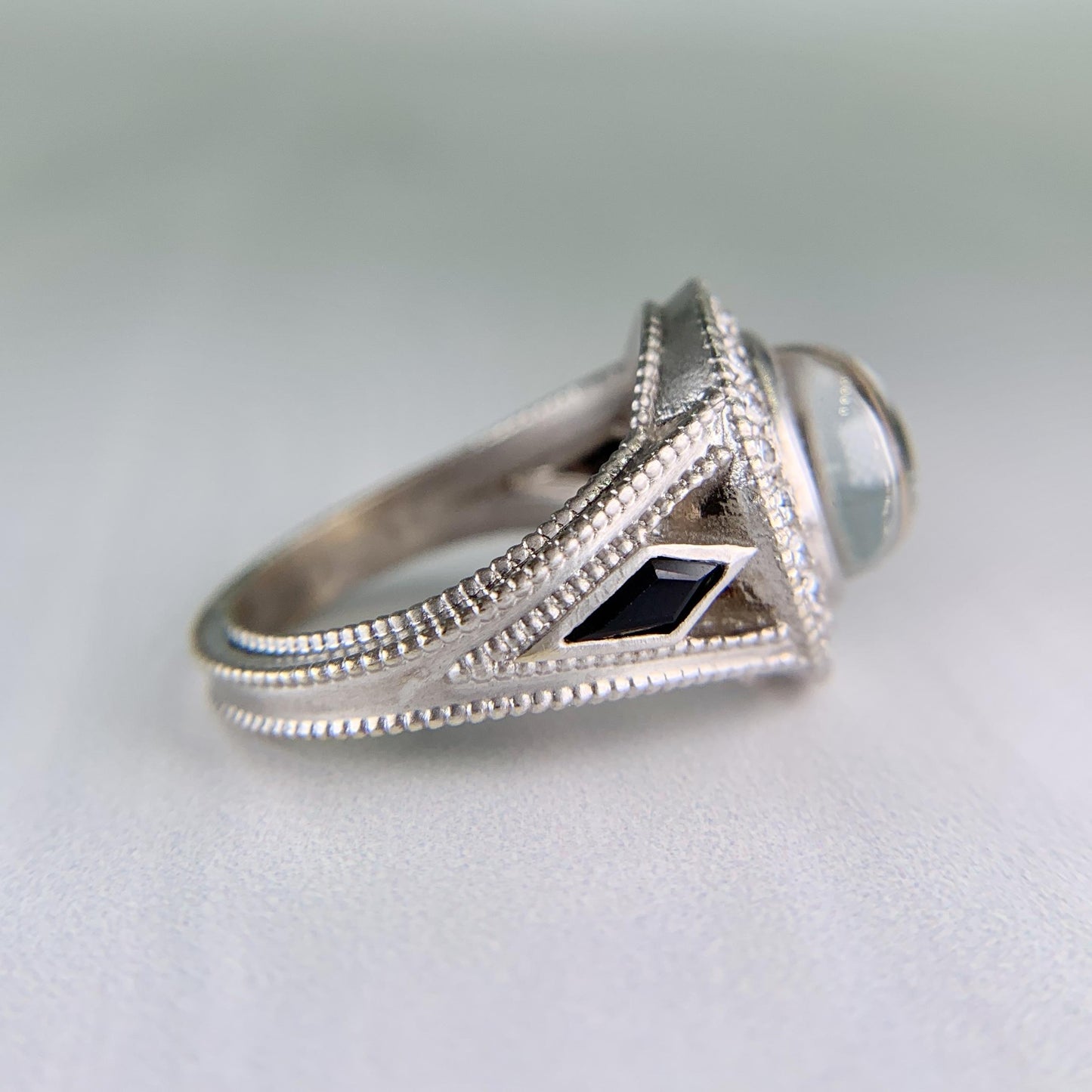White Topaz Cabochon and Sapphire Diamond Ring 18k White Gold