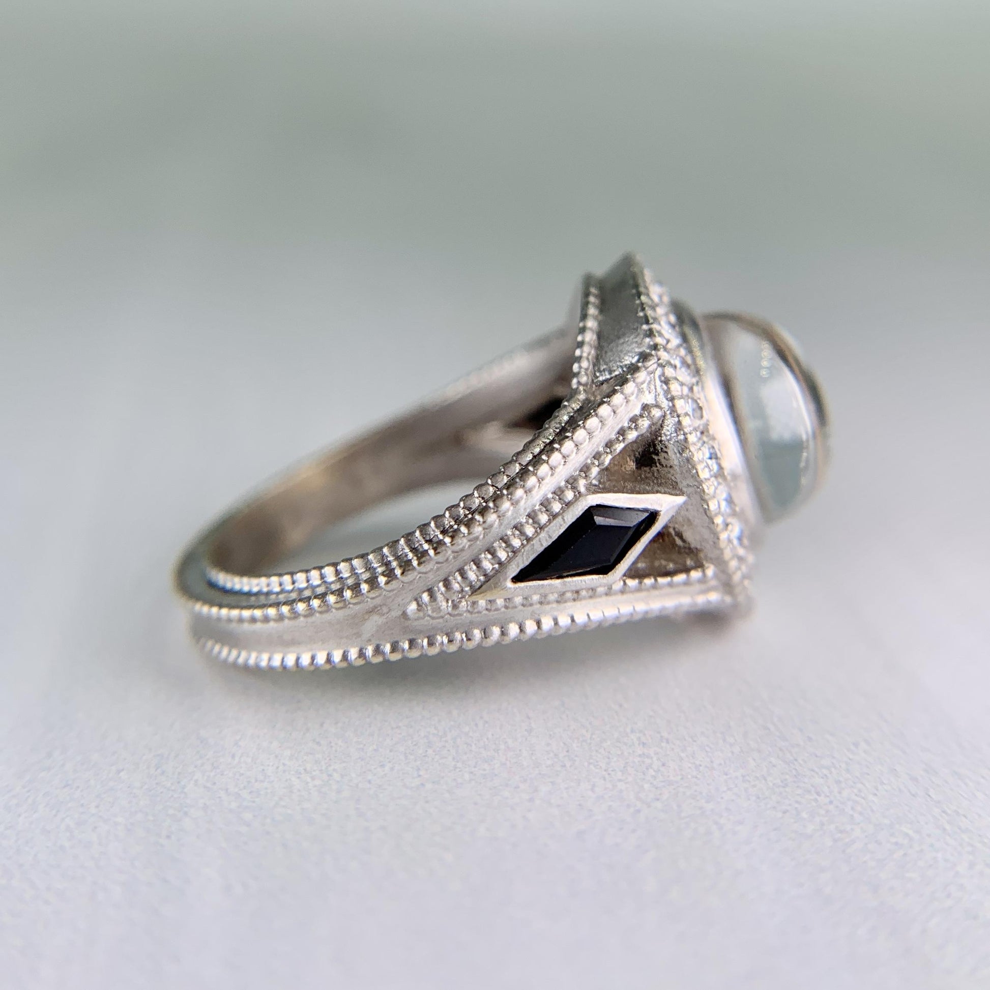White Topaz Cabochon and Sapphire Diamond Ring 18k White Gold