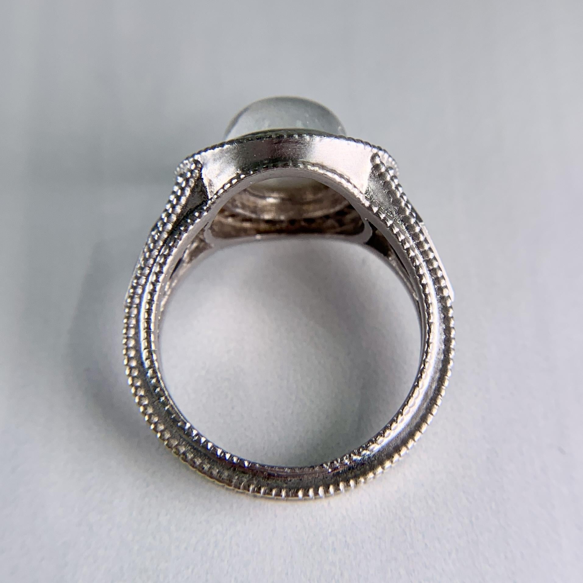 White Topaz Cabochon and Sapphire Diamond Ring 18k White Gold