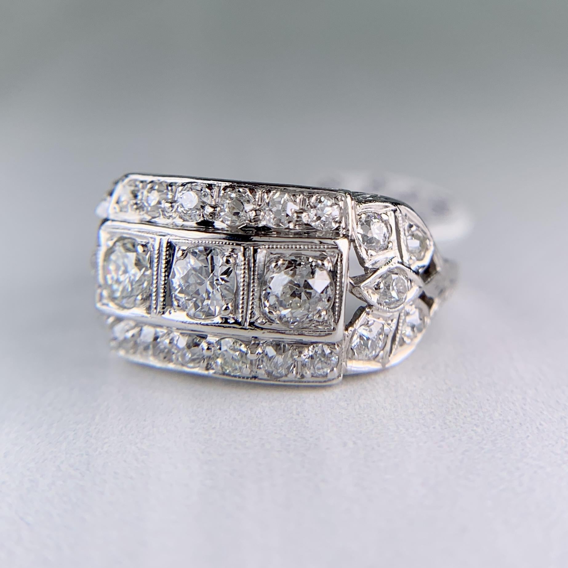 1930's Art Deco Old European Cut Diamond Ring Platinum