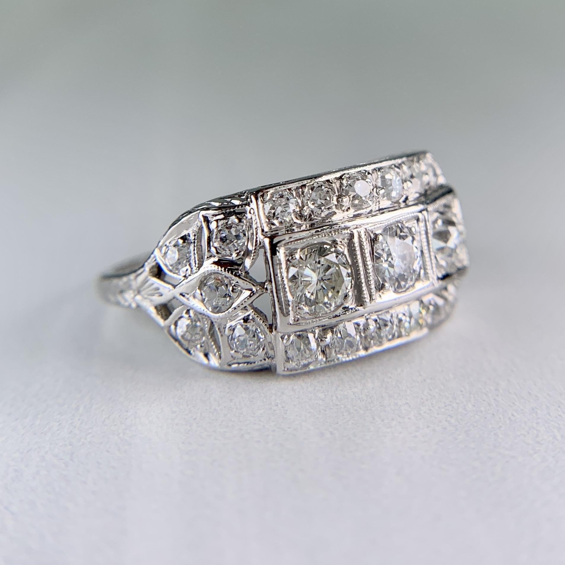 1930's Art Deco Old European Cut Diamond Ring Platinum
