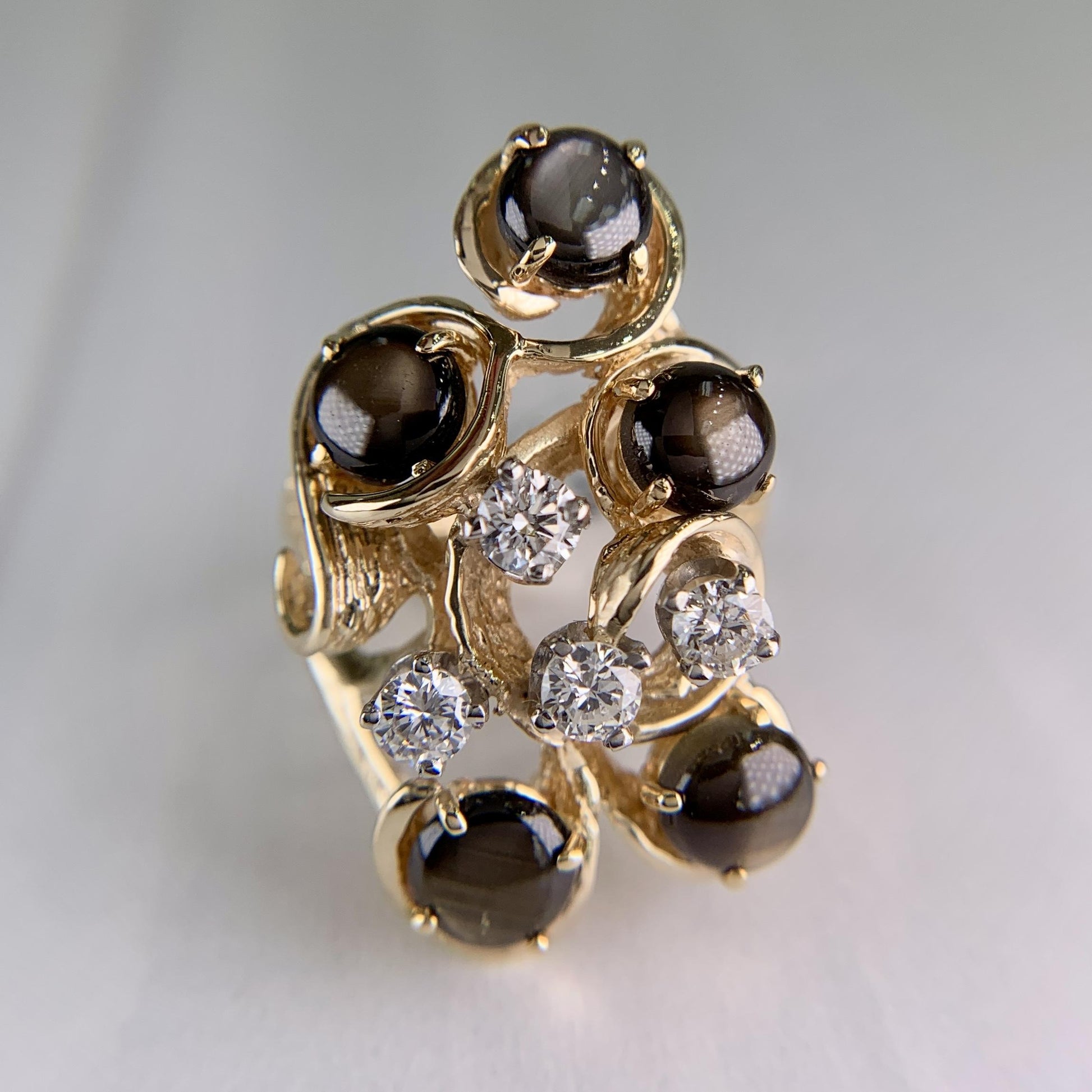 Vintage 1970's Black Star Sapphire and Diamond Ring 14k Yellow Gold