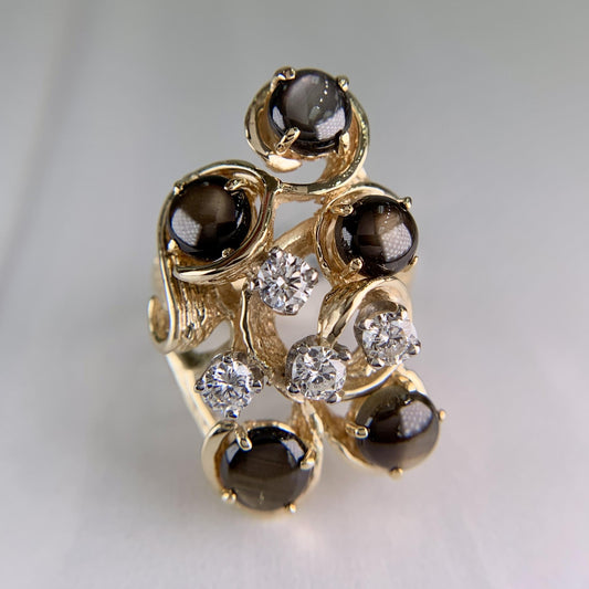 Vintage 1970's Black Star Sapphire and Diamond Ring 14k Yellow Gold