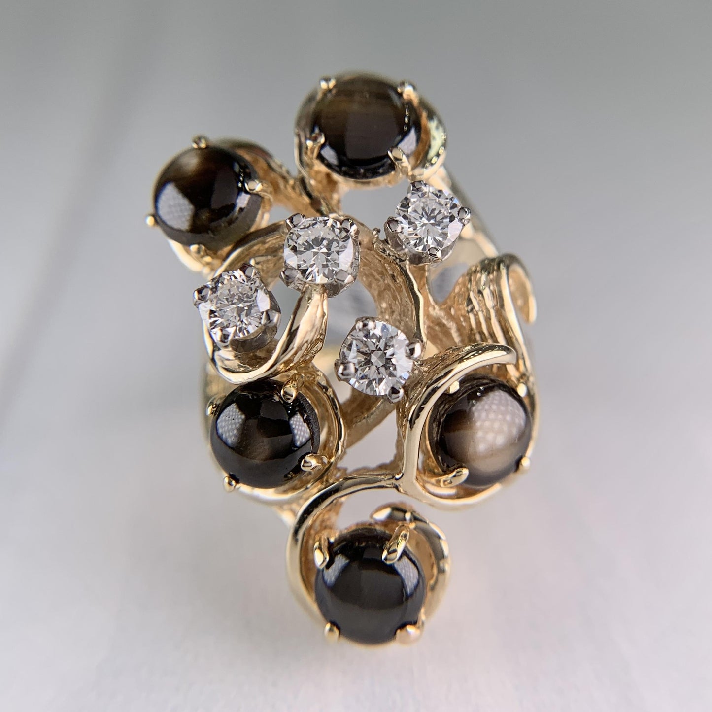 Vintage 1970's Black Star Sapphire and Diamond Ring 14k Yellow Gold