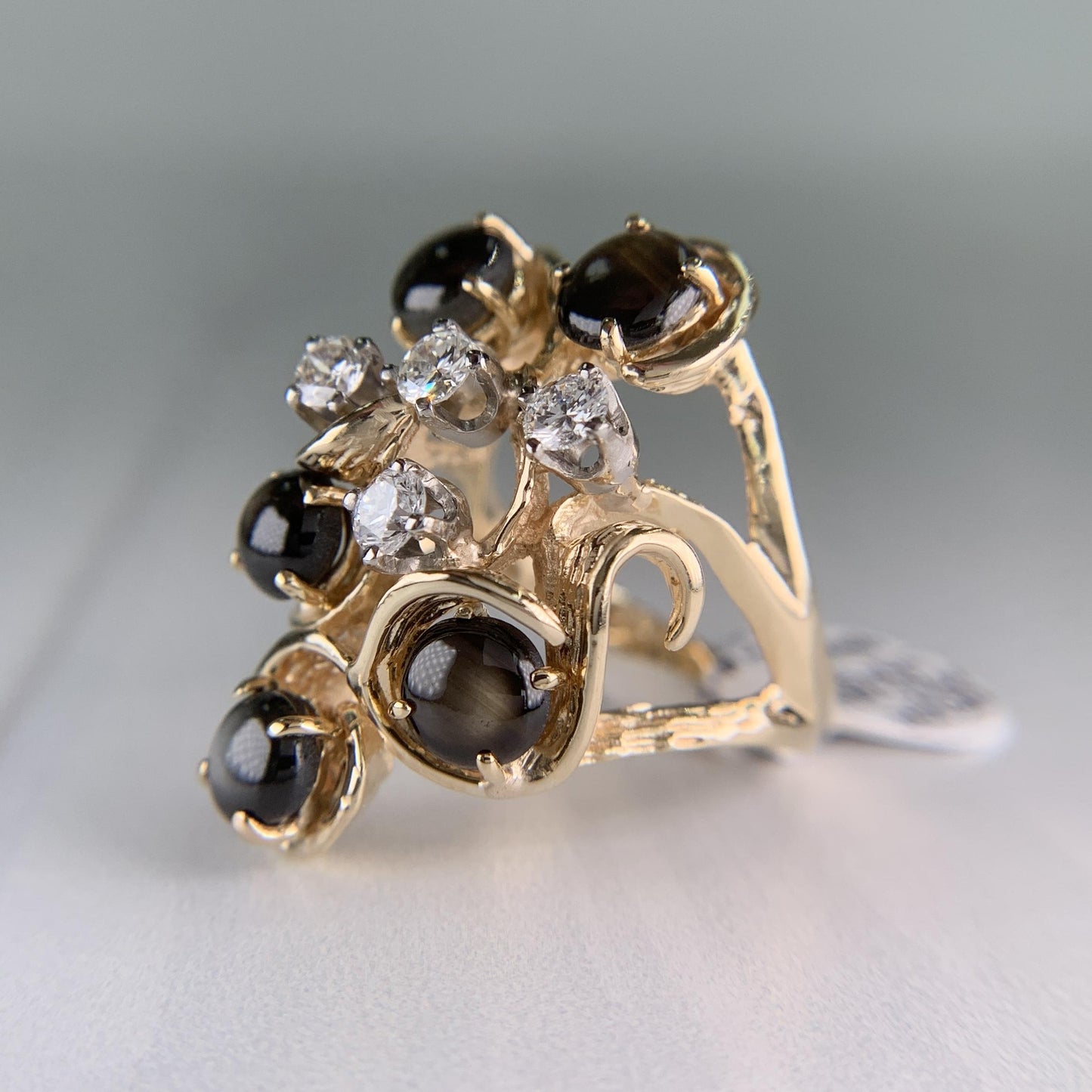 Vintage 1970's Black Star Sapphire and Diamond Ring 14k Yellow Gold