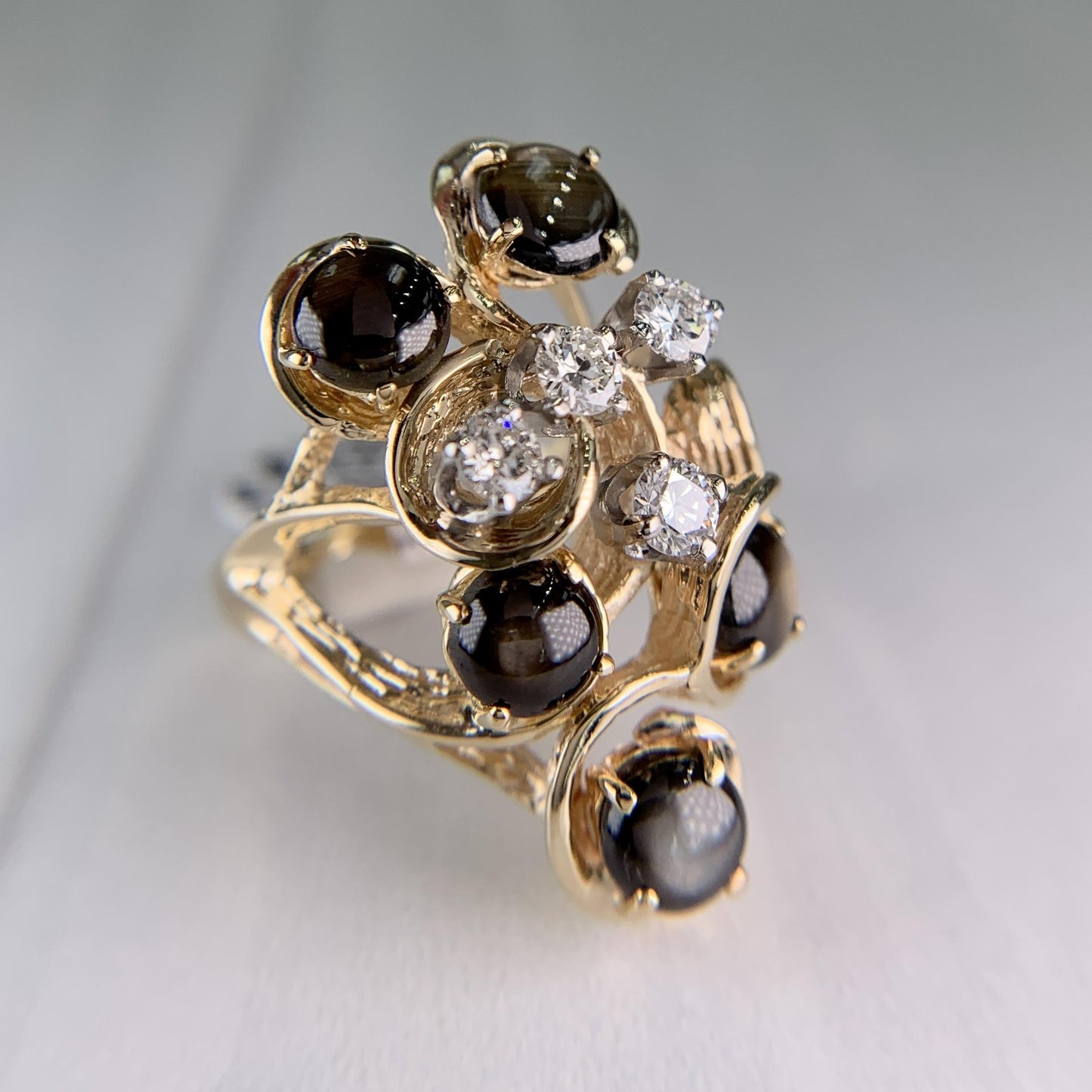 Vintage 1970's Black Star Sapphire and Diamond Ring 14k Yellow Gold
