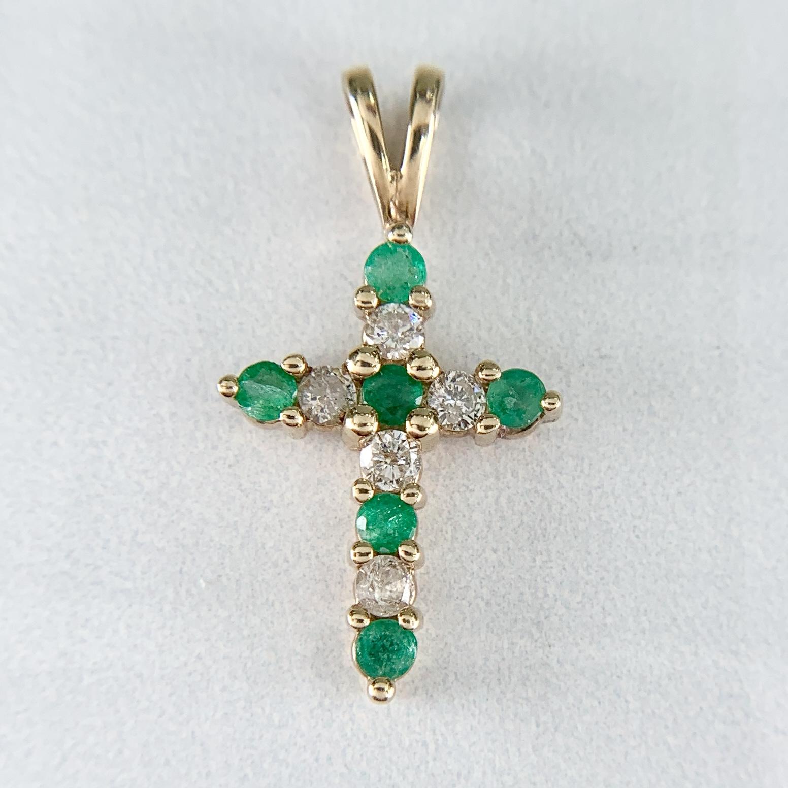 Small Diamond and Emerald Cross Pendant 10k Yellow Gold