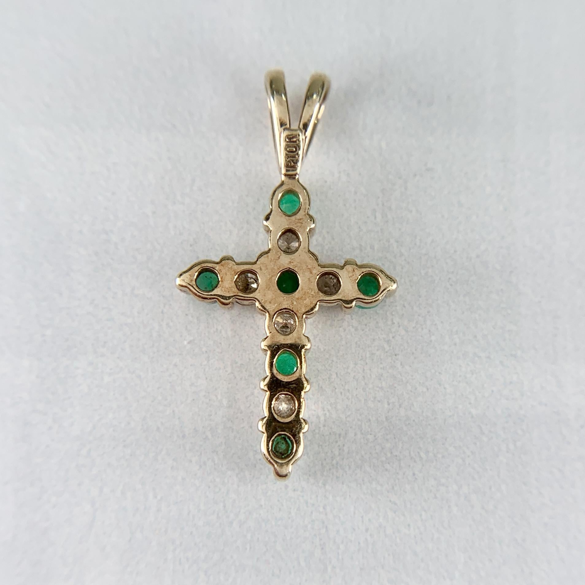 Small Diamond and Emerald Cross Pendant 10k Yellow Gold