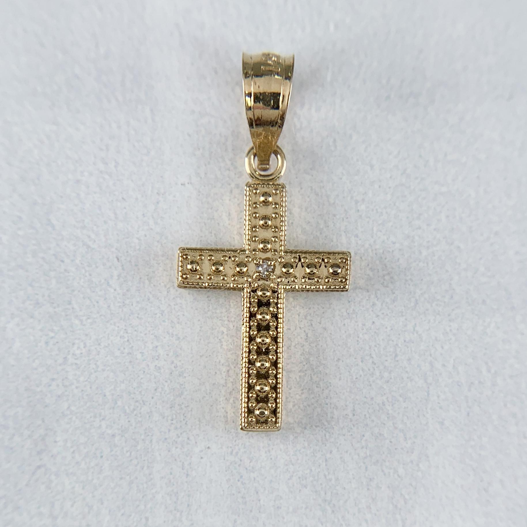 Small Textured Diamond Cross Pendant 14k Yellow Gold