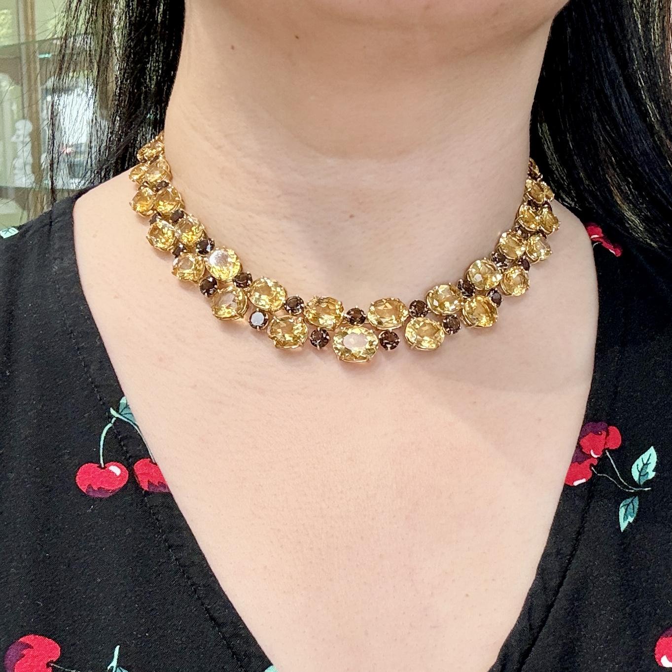 Vintage 1980's Citrine and Smoky Quartz Statement Necklace 18k Yellow Gold