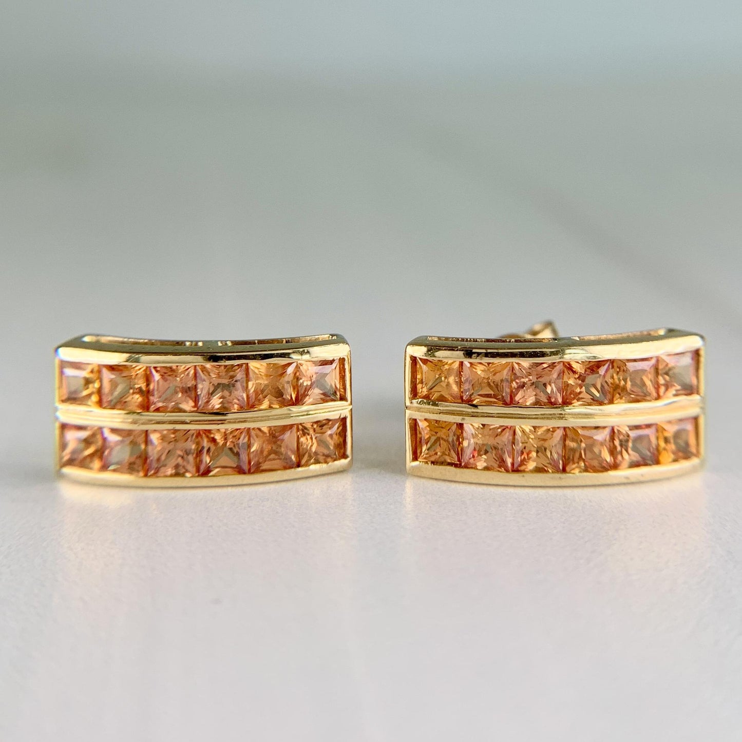Princess Cut Orange Sapphire Earrings 18k Yellow Gold