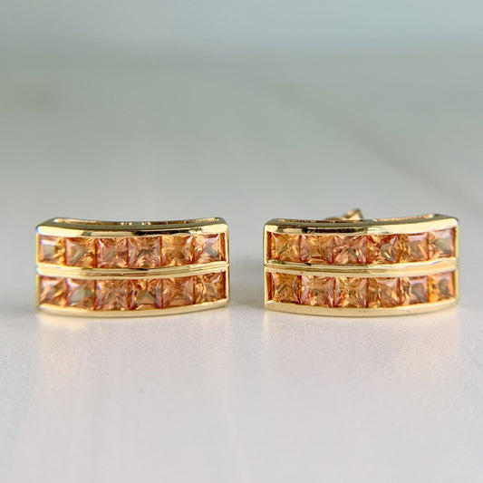 Princess Cut Orange Sapphire Earrings 18k Yellow Gold