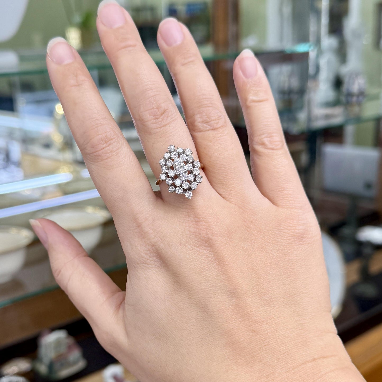 1980's Vintage Diamond Cluster Statement Ring 14k White and Yellow Gold