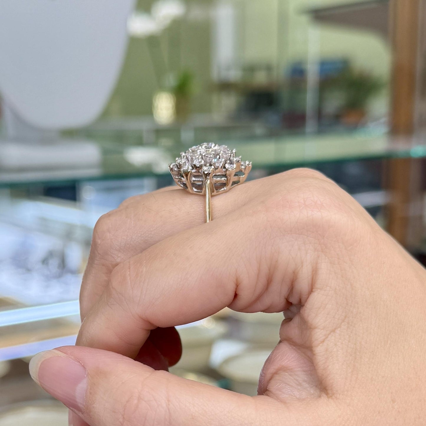 1980's Vintage Diamond Cluster Statement Ring 14k White and Yellow Gold