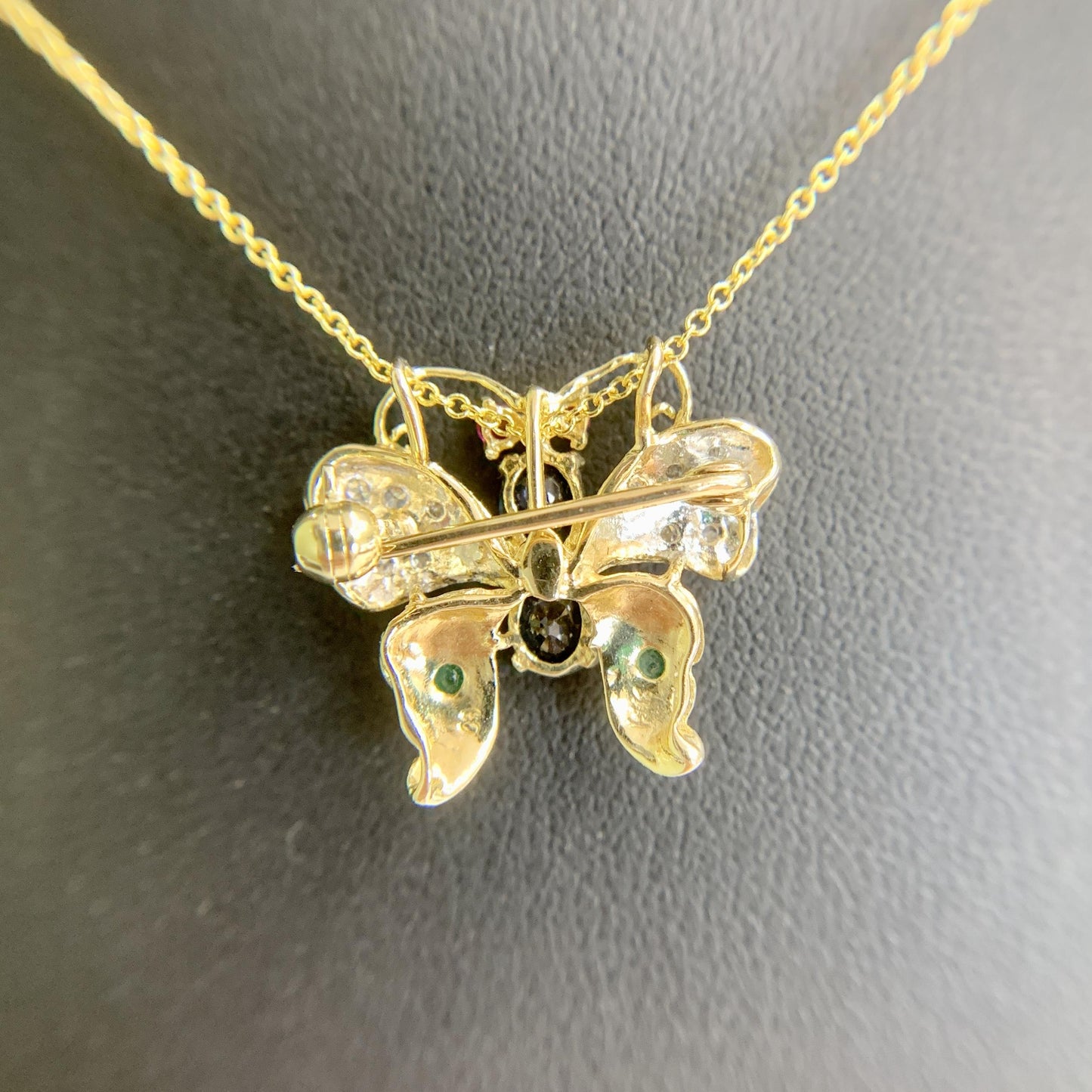 Emerald Sapphire Diamond Butterfly Necklace Brooch 14k Yellow Gold