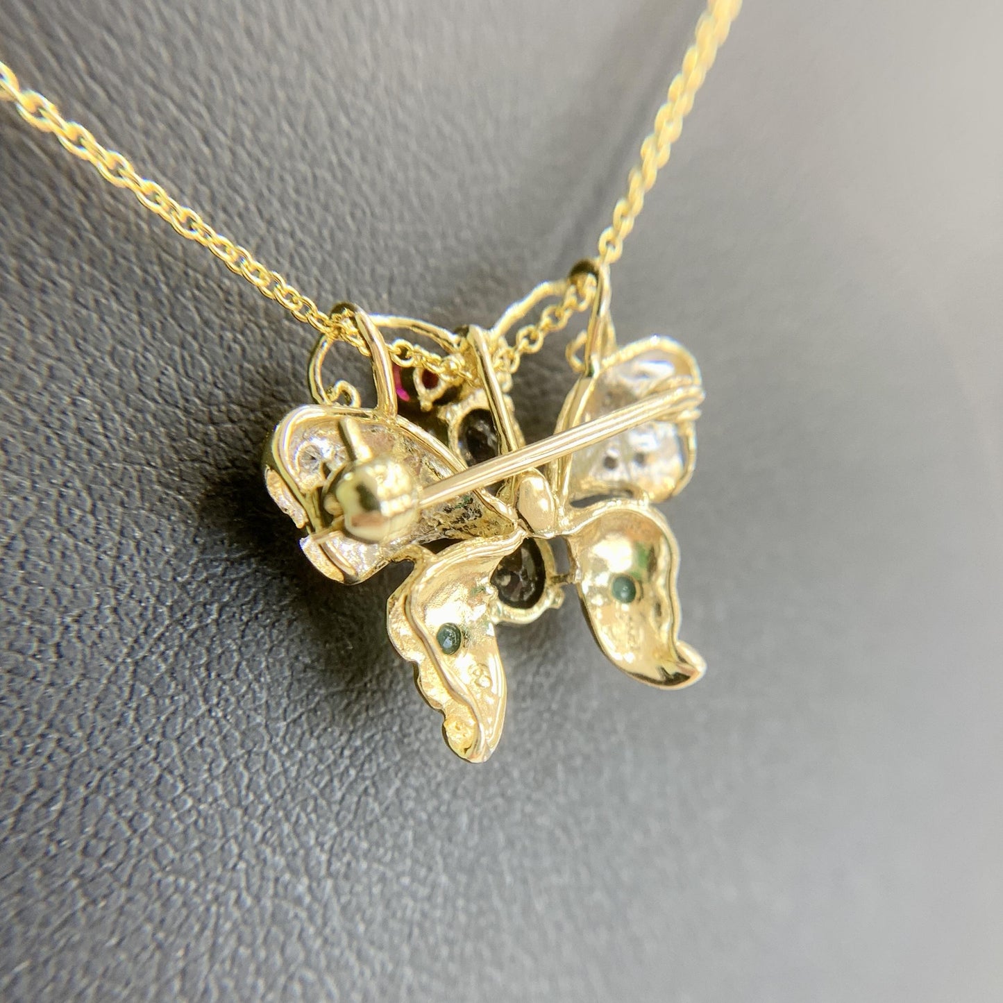 Emerald Sapphire Diamond Butterfly Necklace Brooch 14k Yellow Gold