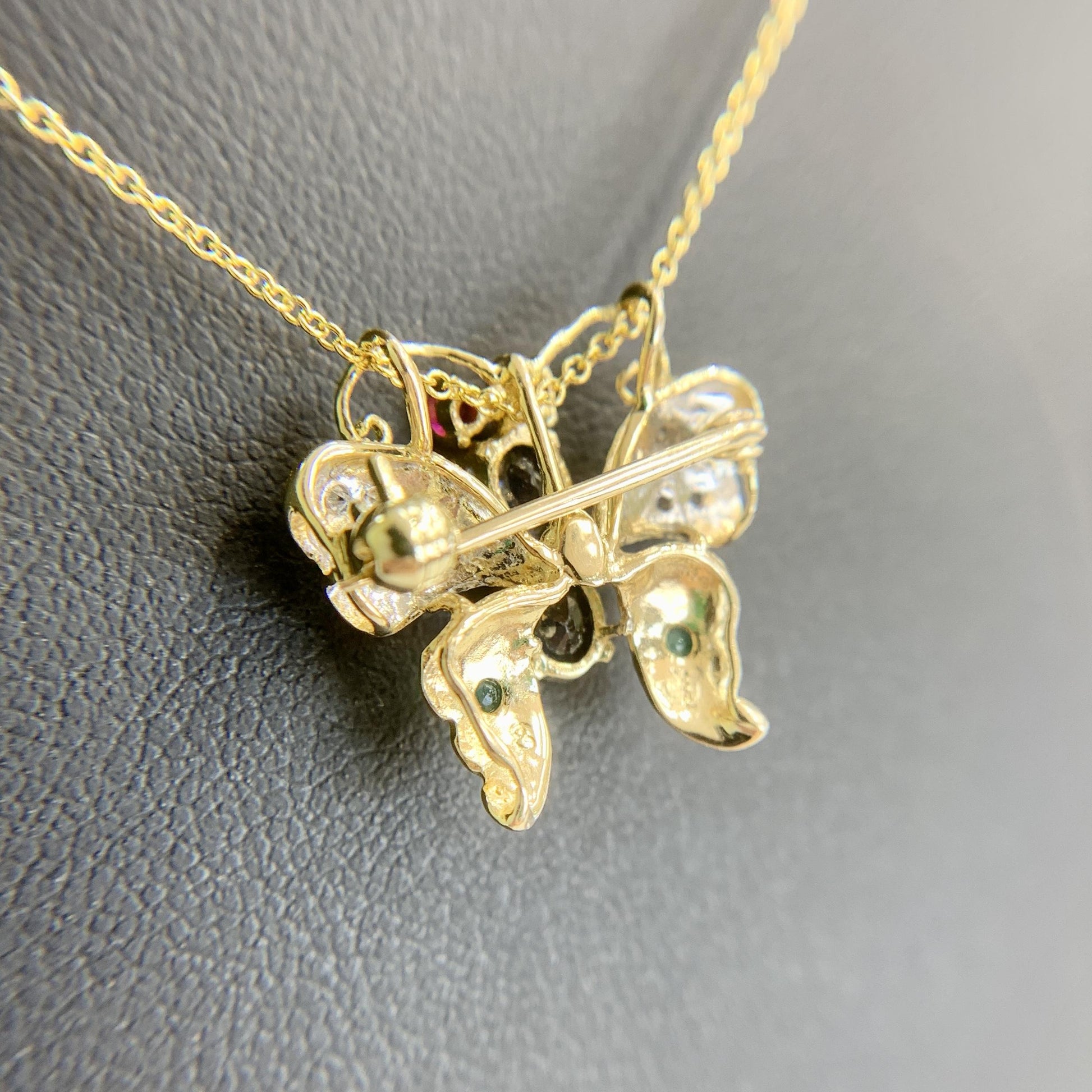 Emerald Sapphire Diamond Butterfly Necklace Brooch 14k Yellow Gold
