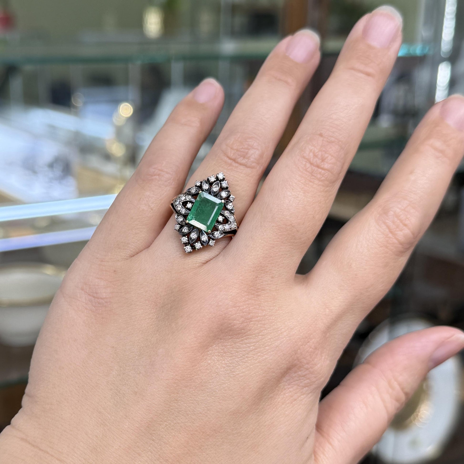 Vintage Lab Grown Emerald and Diamond Ring Silver and 14k Yellow Gold