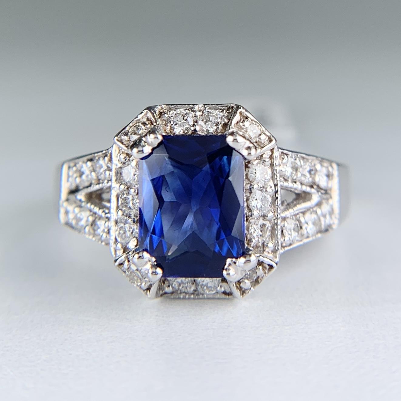 Sapphire and Diamond Split Shank Ring 14k White Gold