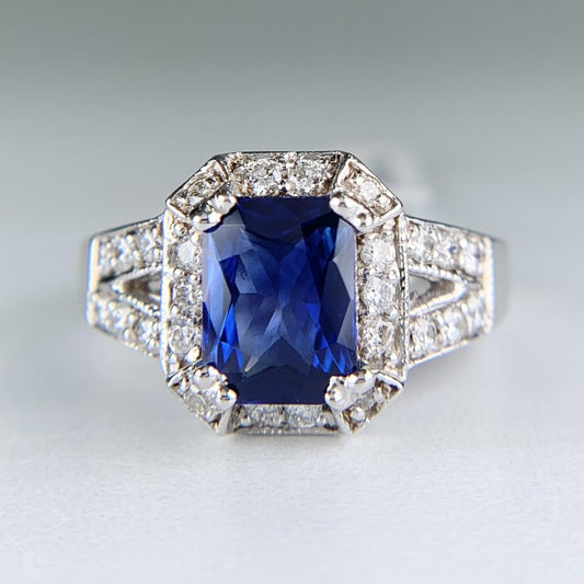 Sapphire and Diamond Split Shank Ring 14k White Gold