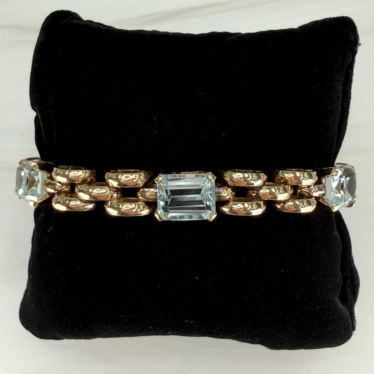 1940's Aquamarine Panther Link Bracelet 18k Rose Gold
