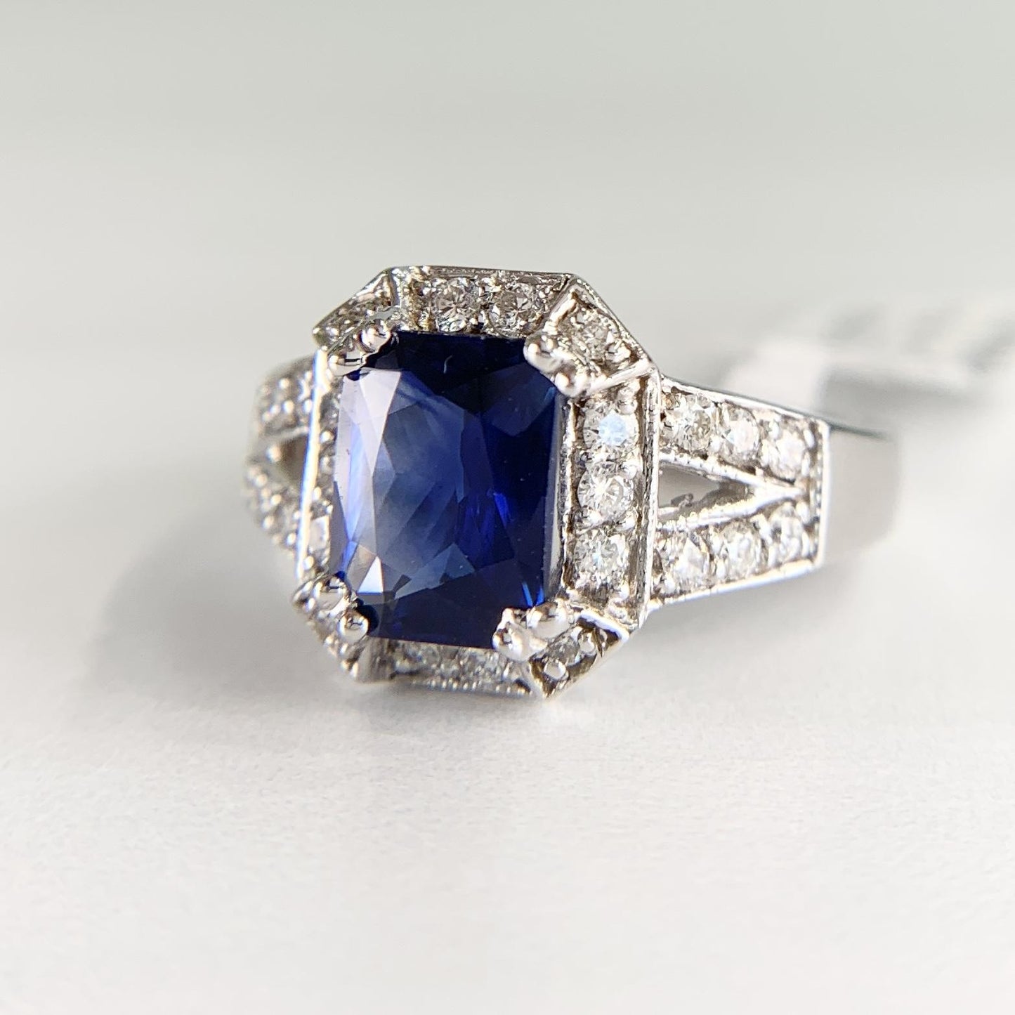 Sapphire and Diamond Split Shank Ring 14k White Gold