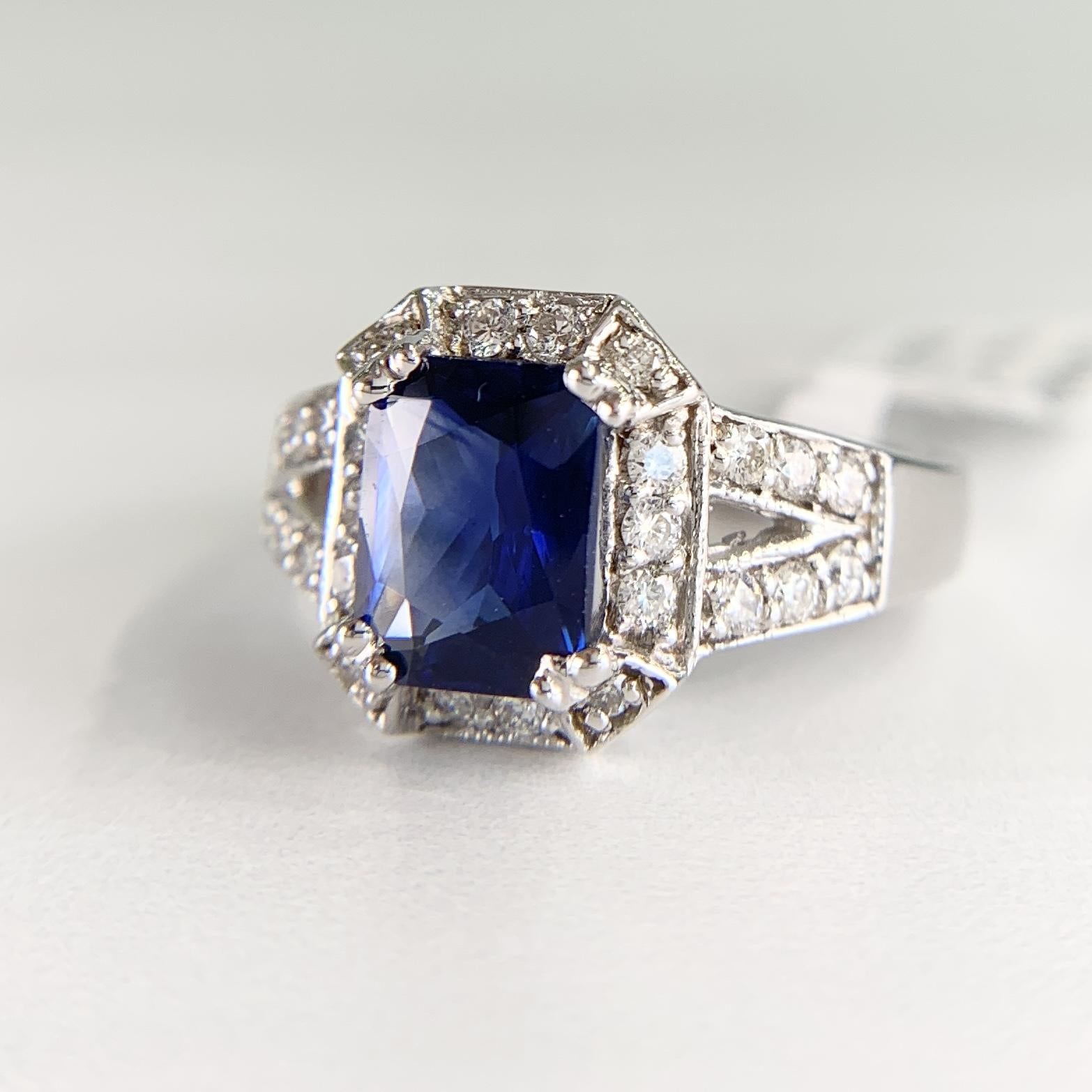 Sapphire and Diamond Split Shank Ring 14k White Gold