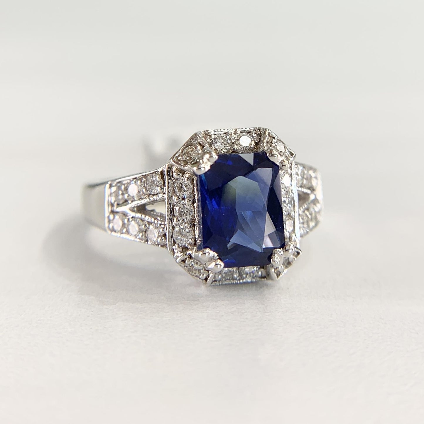 Sapphire and Diamond Split Shank Ring 14k White Gold