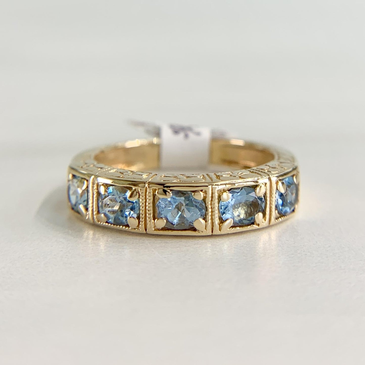 5 Stone Aquamarine Engraved Band Ring 14k Yellow Gold