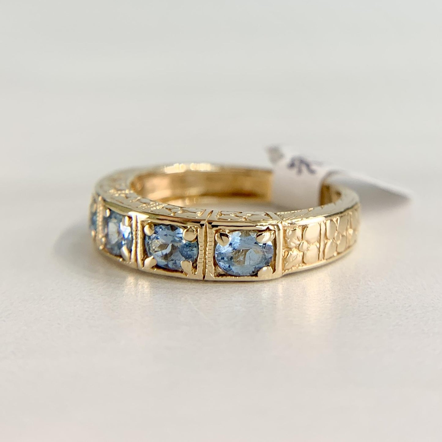 5 Stone Aquamarine Engraved Band Ring 14k Yellow Gold