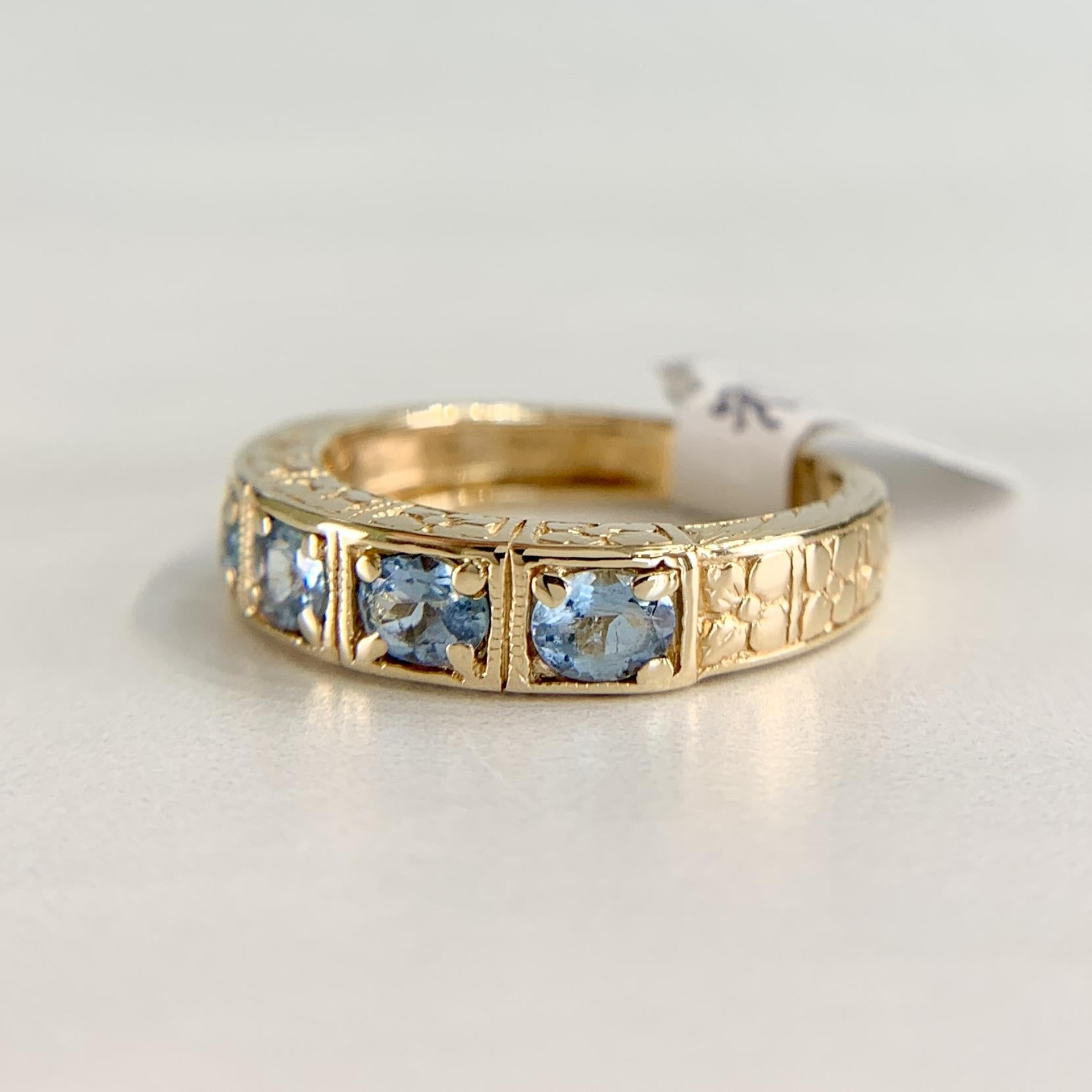 5 Stone Aquamarine Engraved Band Ring 14k Yellow Gold