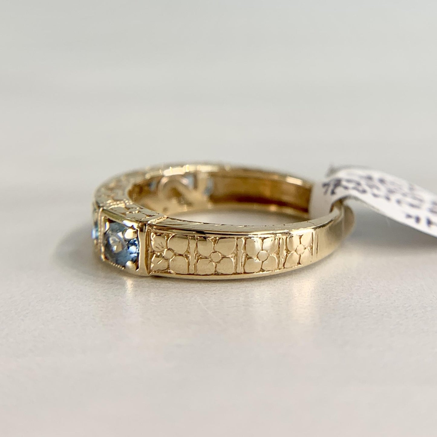 5 Stone Aquamarine Engraved Band Ring 14k Yellow Gold