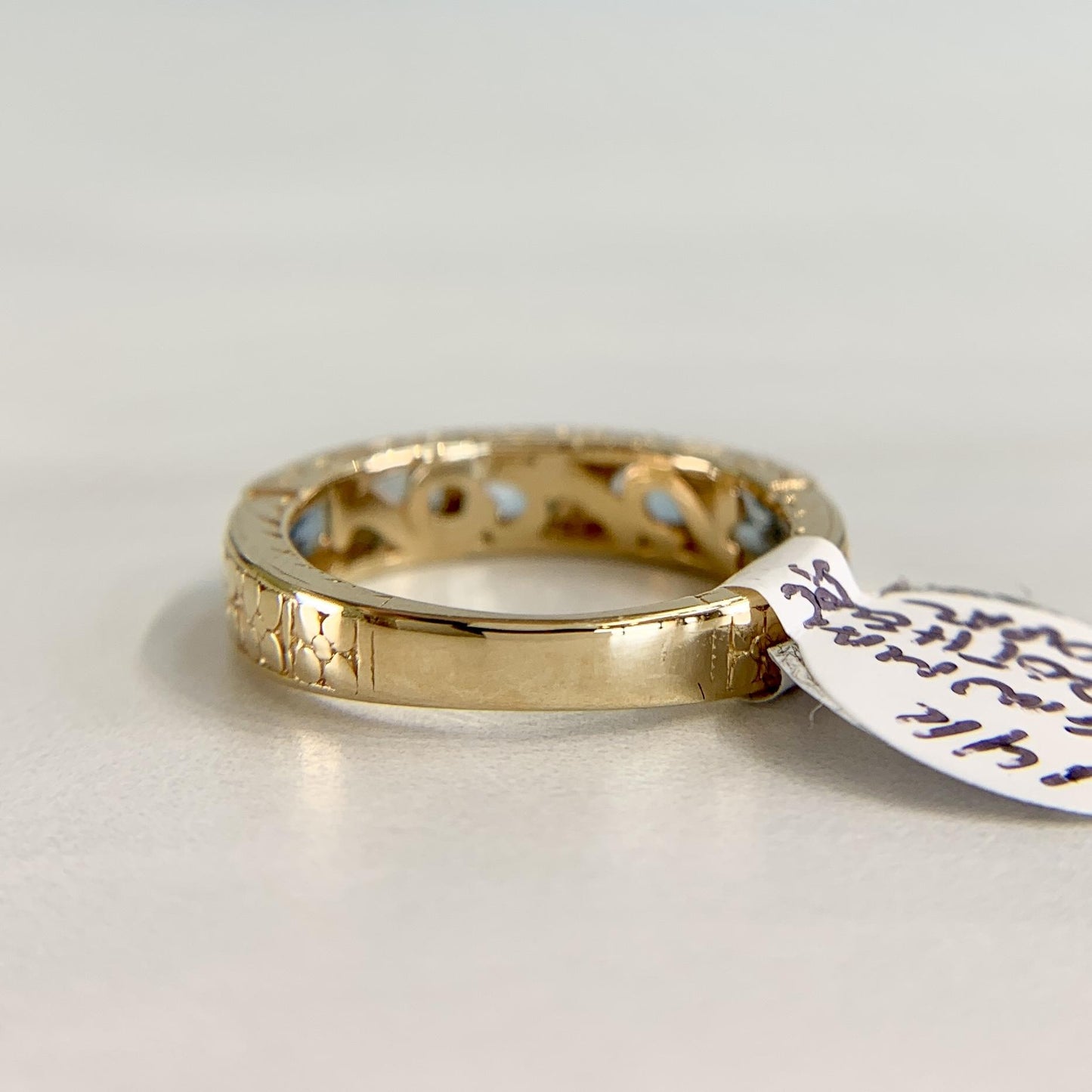 5 Stone Aquamarine Engraved Band Ring 14k Yellow Gold