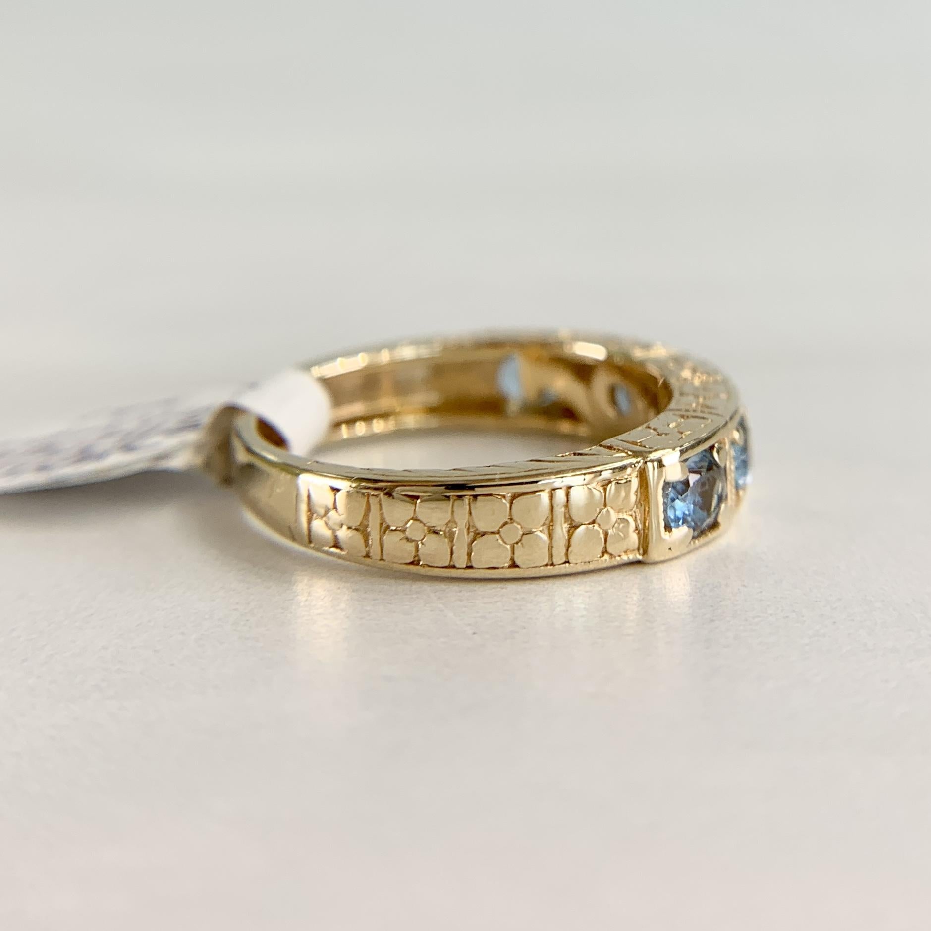 5 Stone Aquamarine Engraved Band Ring 14k Yellow Gold